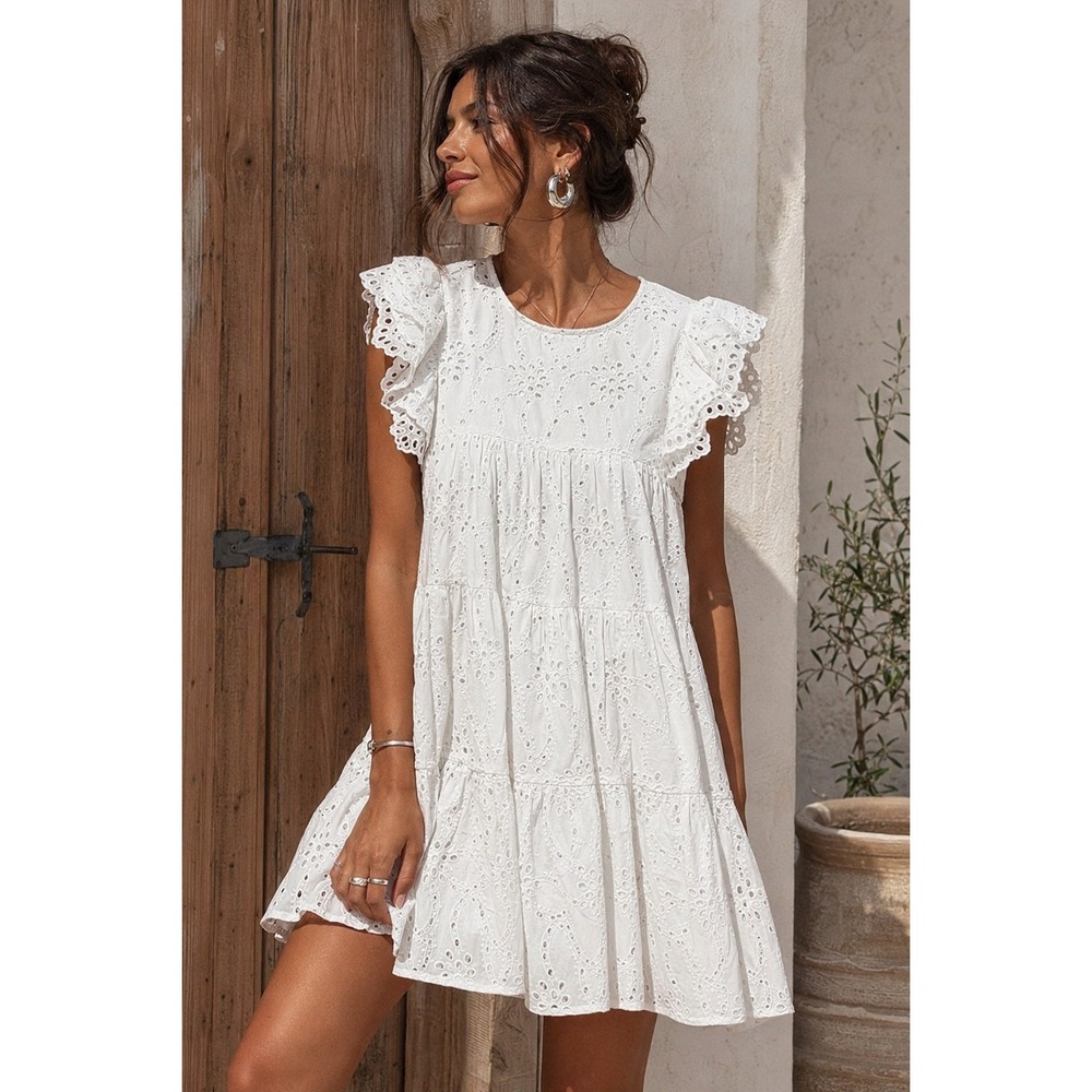 VICI Dolls Womens Small White Eyelet Babydoll Mini Dress Ruffle‎ Sleeve NWOT